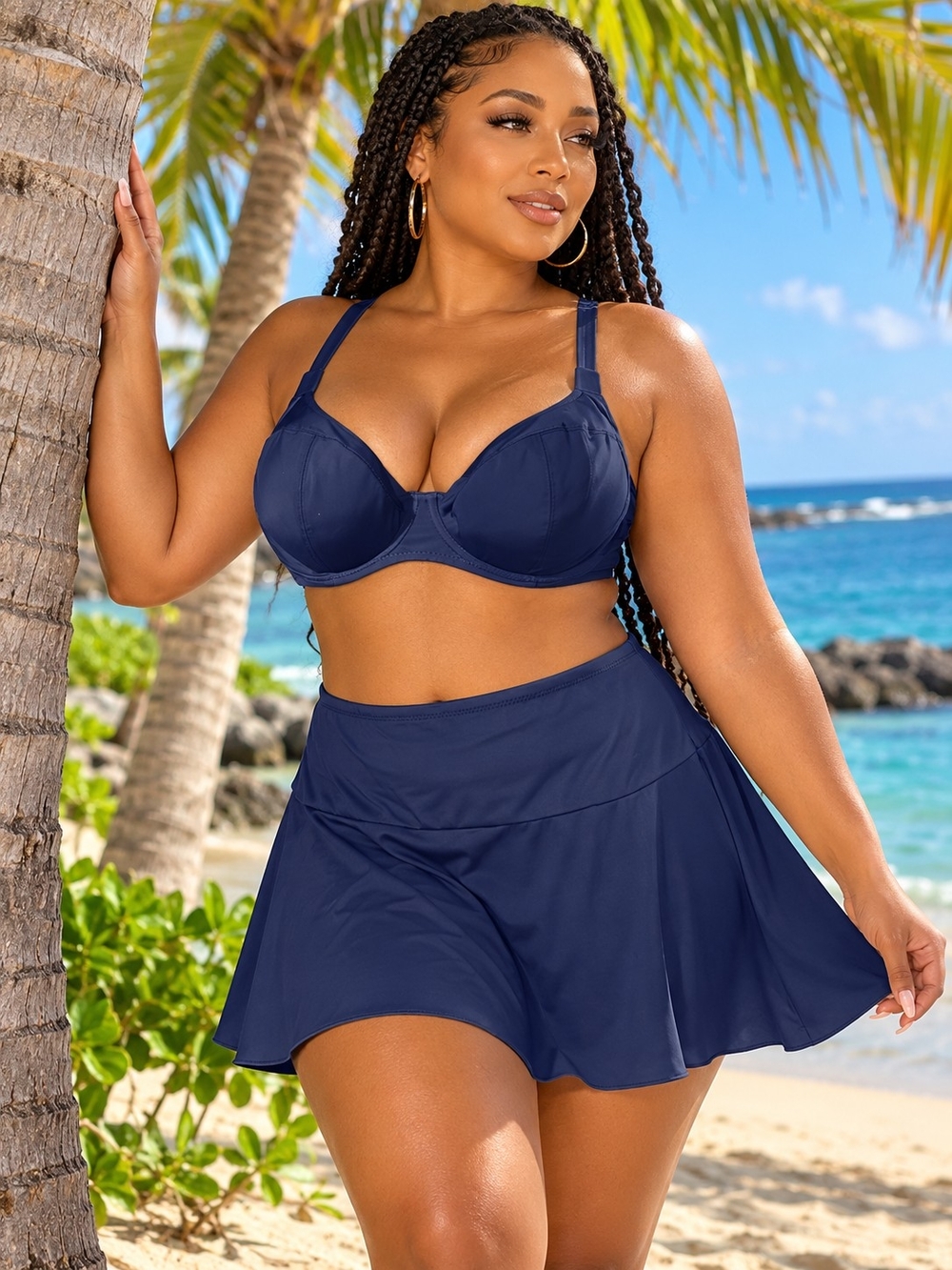Elomi Navy Blue Two-Piece Underwire Bikini with Swim Skirt
